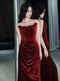 Niulatu Mermaid Burgundy Velvet Long Prom Dresses HZ1110