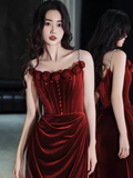 Niulatu Mermaid Burgundy Velvet Long Prom Dresses HZ1110