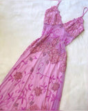 Niulatu A Line Spaghetti Straps Pink Lace Floor Length Prom Dresses Beads Evening Dress HZ1110