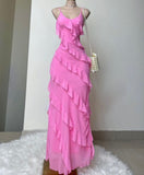 Niulatu A Line Spaghetti Straps Pink Chiffon Floor Length Prom Dresses Ruffles Evening Dress HZ1110
