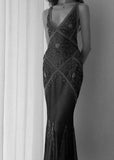 Niulatu Sheath V Neckline Long Black Prom Dresses Evening Dress With Beads HZ1110