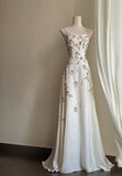 Niulatu A Line Spaghetti Straps Long White Prom Dresses Evening Dress With Appliques HZ1110