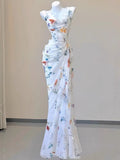 Niulatu Sheath Square Neckline Long Prom Dresses White Floral Evening Dress With Ruffles HZ1110