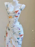 Niulatu Sheath Square Neckline Long Prom Dresses White Floral Evening Dress With Ruffles HZ1110