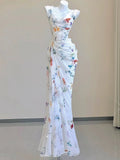 Niulatu Sheath Square Neckline Long Prom Dresses White Floral Evening Dress With Ruffles HZ1110