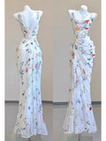 Niulatu Sheath Square Neckline Long Prom Dresses White Floral Evening Dress With Ruffles HZ1110
