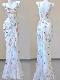 Niulatu Sheath Square Neckline Long Prom Dresses White Floral Evening Dress With Ruffles HZ1110