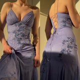 Niulatu Mermaid Purple Spaghetti Straps Appliques Chiffon Prom Dresses HZ1110