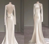 Niulatu With Long Sleeves And Open Back Satin Wedding Dress HZ1110