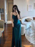 Niulatu Green Satin Long Prom Dresses Slit Evening Dress HZ1110