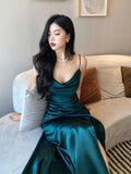 Niulatu Green Satin Long Prom Dresses Slit Evening Dress HZ1110