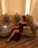 Niulatu Off The Shoulder Burgundy Pleated Slit Prom Dresses HZ1110