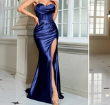 Niulatu Mermaid Spaghetti Straps Royal Blue Satin Slit Long Party Dress Prom Dress HZ1110
