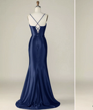 Niulatu Mermaid Spaghetti Straps Royal Blue Satin Slit Long Party Dress Prom Dress HZ1110