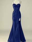 Niulatu Mermaid Spaghetti Straps Royal Blue Satin Slit Long Party Dress Prom Dress HZ1110