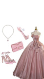 Niulatu Ball Gown Strapless Pink Organza Long Prom Dresses Evening Dress HZ1110