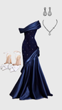 Niulatu Mermaid One Shoulder Navy Blue Satin Long Party Dress Prom Dresses HZ1110