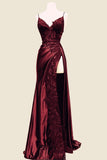 Niulatu Mermaid Spaghetti Straps Burgundy Satin Long Prom Dresses Beads Party Dress HZ1110