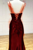 Niulatu Mermaid Spaghetti Straps Burgundy Satin Long Prom Dresses Beads Party Dress HZ1110