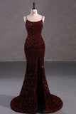 Niulatu Mermaid Spaghetti Straps Burgundy Sequin Backless Long Prom Dresses Party Dress HZ1110