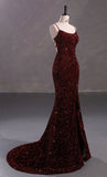 Niulatu Mermaid Spaghetti Straps Burgundy Sequin Backless Long Prom Dresses Party Dress HZ1110
