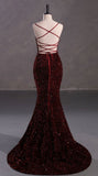 Niulatu Mermaid Spaghetti Straps Burgundy Sequin Backless Long Prom Dresses Party Dress HZ1110