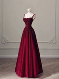 Niulatu A Line Straps Burgundy Tulle Satin Long Prom Dresses Evening Dress HZ1110