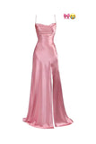 Niulatu Mermaid Pink Spaghetti Straps Long Prom Dress with Split HZ1110