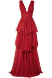Niulatu A Line V Neckline Chiffon Red Long Prom Dresses Evening Dress HZ1110