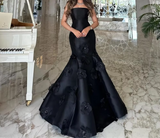 Niulatu Mermaid Strapless Sleeveless Satin Black Long Prom Dresses Evening Dress HZ1110