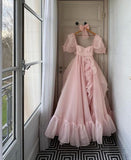 Niulatu A Line Square Neckline Blush Pink Ruffles Organza Long Prom Dresses Party Dress HZ1110