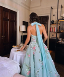 Niulatu Ball Gown Halter Light Blue Tulle Lace Prom Dresses Evening Dress HZ1110