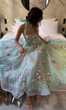 Niulatu Neck Flowers Embroidered Chiffon Prom Dress Green Party Dresses HZ1110