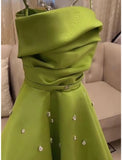 Niulatu A Line Spaghetti Straps Bud Green Satin Beads Prom Dresses Evening Dress HZ1110
