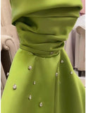 Niulatu A Line Spaghetti Straps Bud Green Satin Beads Prom Dresses Evening Dress HZ1110