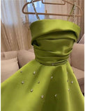Niulatu A Line Spaghetti Straps Bud Green Satin Beads Prom Dresses Evening Dress HZ1110