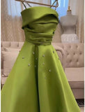 Niulatu A Line Spaghetti Straps Bud Green Satin Beads Prom Dresses Evening Dress HZ1110