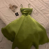 Niulatu A Line Spaghetti Straps Bud Green Satin Beads Prom Dresses Evening Dress HZ1110