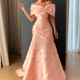 Niulatu Mermaid Off The Shoulder Satin Pink Appliques Long Prom Dresses Party Dress HZ1110