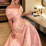Niulatu Mermaid Off The Shoulder Satin Pink Appliques Long Prom Dresses Party Dress HZ1110