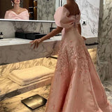 Niulatu Mermaid Off The Shoulder Satin Pink Appliques Long Prom Dresses Party Dress HZ1110