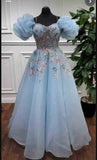Niulatu A Line Square Neckline Short Puffy Sleeves Blue Organza Long Prom Dresses Evening Dress HZ1110