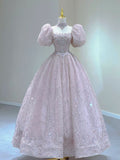 Niulatu Ball Gown Square Neckline Short Puffy Sleeves Pink Beads Long Prom Dresses Evening Dress HZ1110