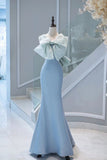 Niulatu Mermaid Satin Blue Long Prom Dresses With Bow-knot Party Dress HZ1110