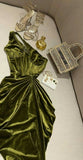 Niulatu Sheath One Shoulder Olive Green Velvet Prom Dresses Evening Dress HZ1110