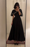 Niulatu A line Short Sleeves Black V Neckline Satin Party Dress Prom Dresses Evening Dress HZ1110