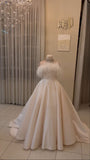 Niulatu Ball Gown Strapless Sleeveless White Satin Wedding Dresses With Feather HZ1110