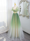 Niulatu A line Sweetheart Short Sleeves Ombre Green Tulle Party Dress Prom Dresses Evening Dress HZ1110