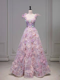 Niulatu A line Square Neckline Sleeveless Floral Pink Tulle Party Dress Prom Dresses Evening Dress HZ1110