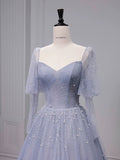 Niulatu Ball Gown Strapless Blue Tulle Long Prom Dresses With Beads Party Dress HZ1110